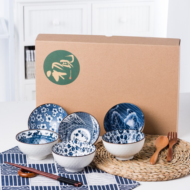 Skål set japansk hushålls keramik porslin blå och vit porslin skål porslin låda seriefigur
