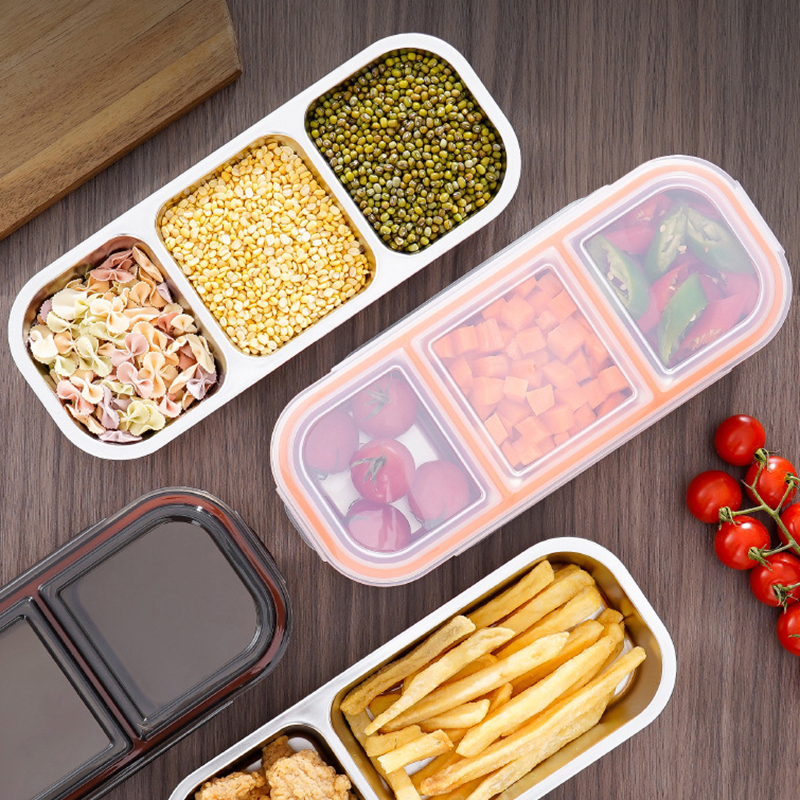 Snackbeholdere i rustfritt stål, gjenbrukbare krydderbokser med lokk, 3- roms sauskopper, delte matoppbevaringsbeholdere