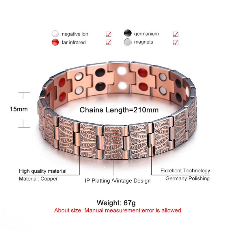 NHGBFT Bark texture Magnetic Therapy Link Bracelet For Mens Double row Pure Red Copper Bracelet Bangle Male Jewelry