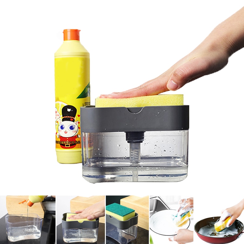 Dispensador de detergente líquido para fregar en la cocina YOOAP con caja de esponjas, dispensador de jabón para fregar en caja de líquido tipo prensa