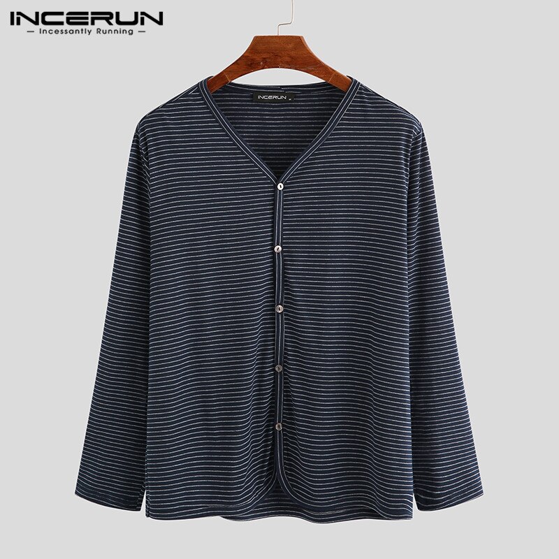 INCERUN Men Striped V Neck Casual Long Sleeve Button Leisure Cardigan Tops Homewear Breathable Thin Sleepwear Camiseta: Navy / XL