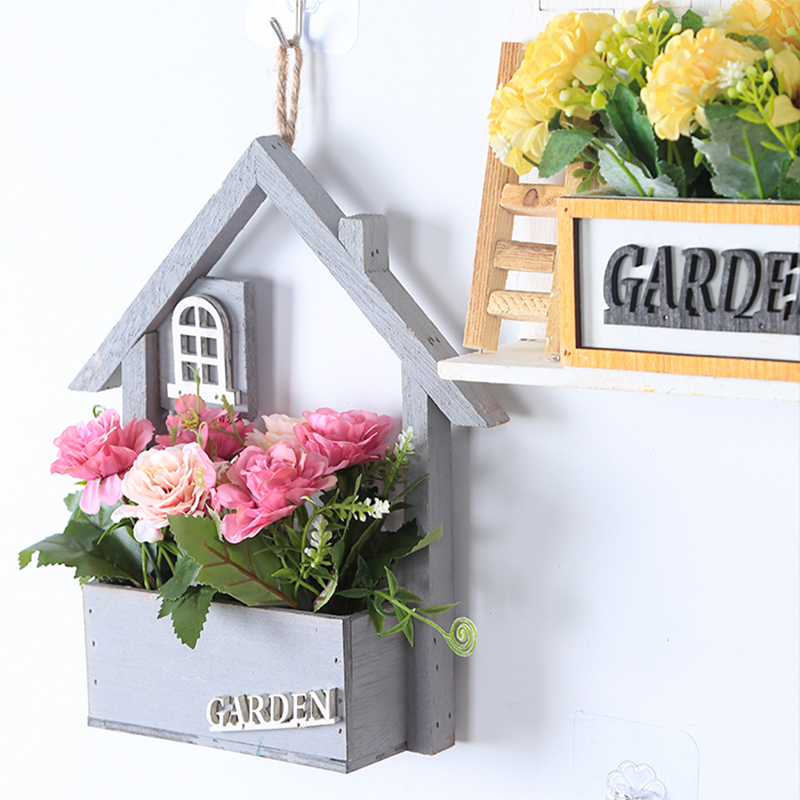 Creatieve Houten Huisvormige Muur Opknoping Decor Bloemenmanden Bloemen Plant Pot Container Woonkamer Home Decoraties Ambachten