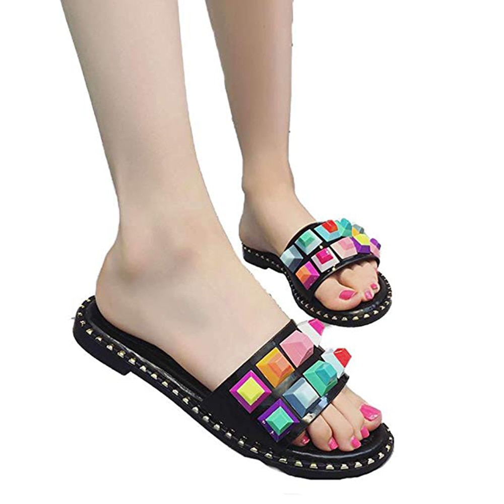 Sandalias de mujer con tachuelas coloridas sandalias con pedrería remaches elegantes Chanclas de cuero planas de Punta abierta Sandalias cómodas al aire libre