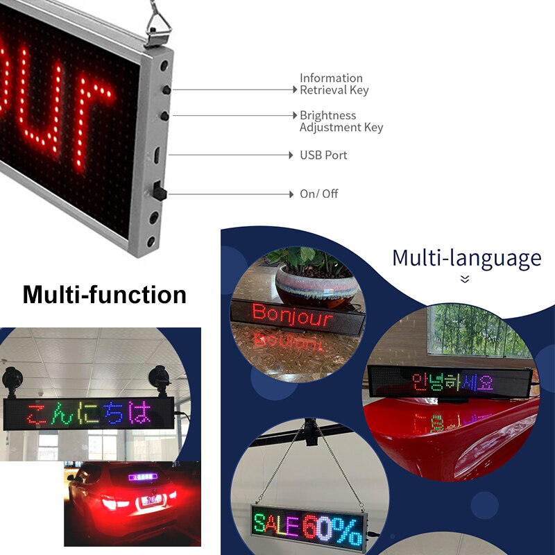 50CM P5 LED Car Display Programmable Digital LED Sign Scrolling Message LED Display Multi-language Time Countdown Bus LED Screen