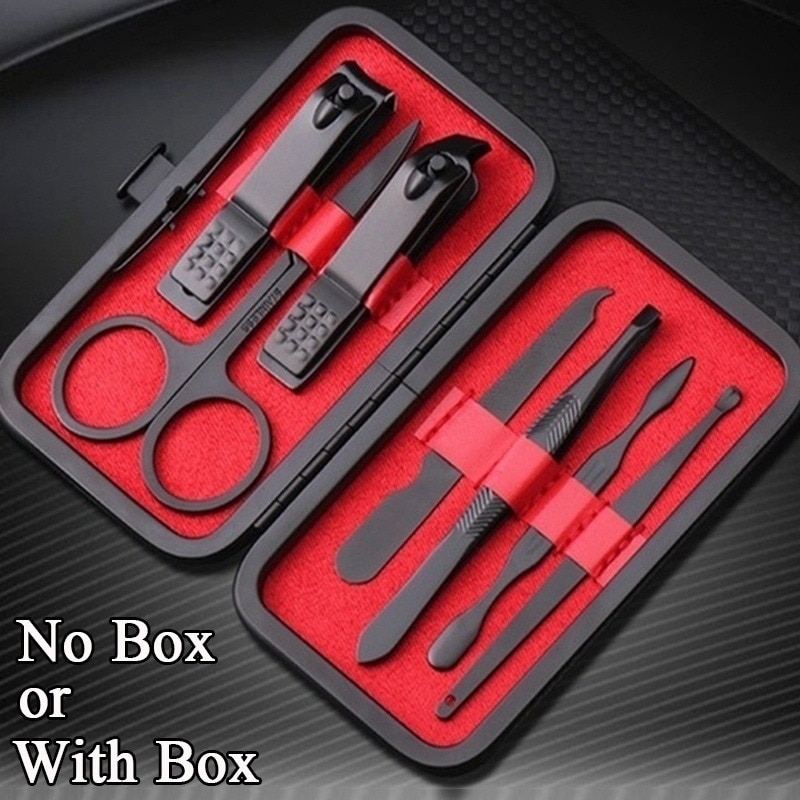 Black/Silver Stainless Steel Nail Clipper Cutter Trimmer Ear Pick Grooming Kit Manicure Pedicure Scissor Tweezer Nail Tools Set: with box-Black