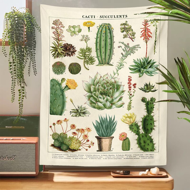 Botanisk kaktus billedvev veggheng retro kaktus sukkulenter soppkart hippie bohem psykedelisk hekseri hjemmeinnredning