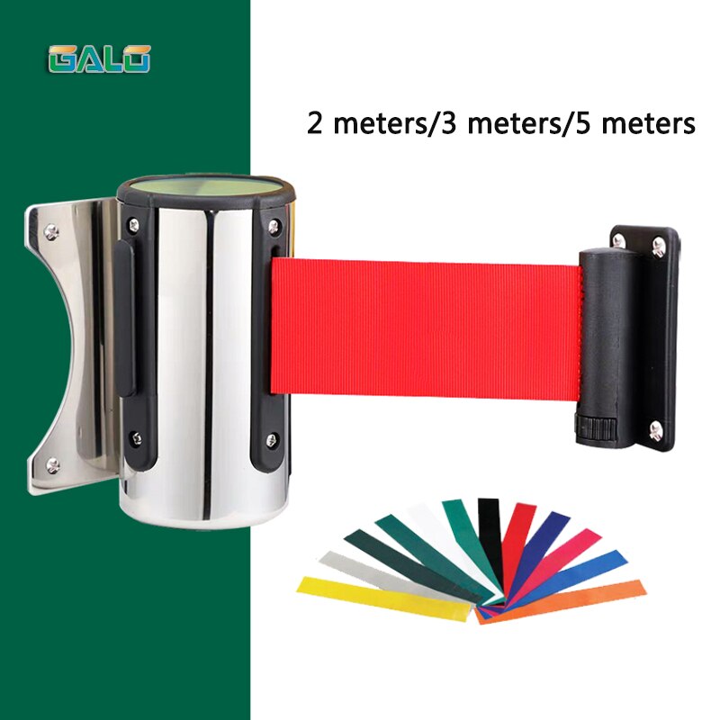 Crowd Control Outdoor Stainless Steel Wall Mount Red Belt Retractable Ribbon Barrier Sport Stanchion Queue 2m3m/5m