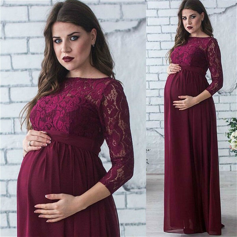 Gravide kvinder gravid kjole gravid tøj langærmet blonde fest maxi kjole gravid tøj til fotografering rekvisitter