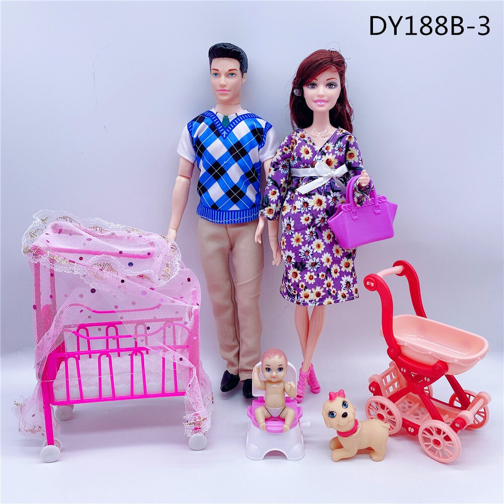 Fashionable 11.5”/30CM male doll + pregnant woman doll dress/small stroller/baby bed/children and girls toys accessories: Yellow