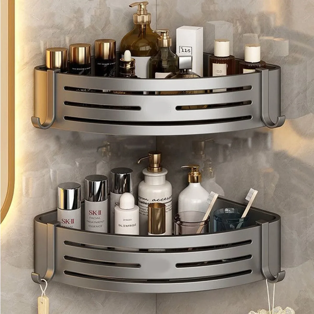 1-2PCS Shower Corner Shelf with Hook Towel Bar No Drill Space Aluminum Shower Storage Rack Bathroom Organizer