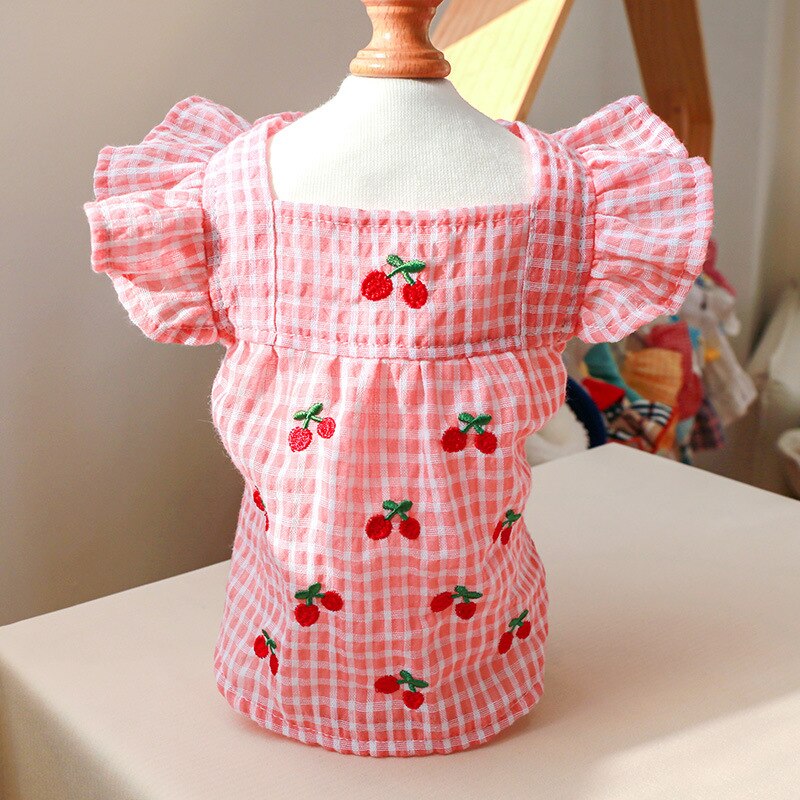 Faldas de perro de verano, vestido de princesa, cereza rosa, ropa para perros, Seeves voladores suaves