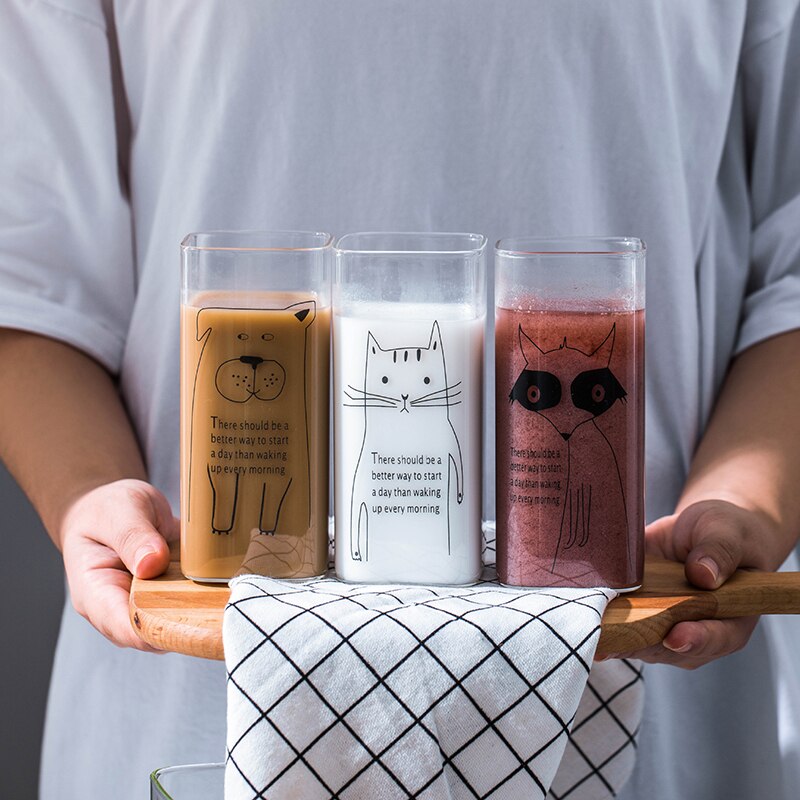 Transparent Cute Animal Pattern Glass Cup Household Coffee Milk Breakfast Drink Mug Student Square Cup Heat-resistant