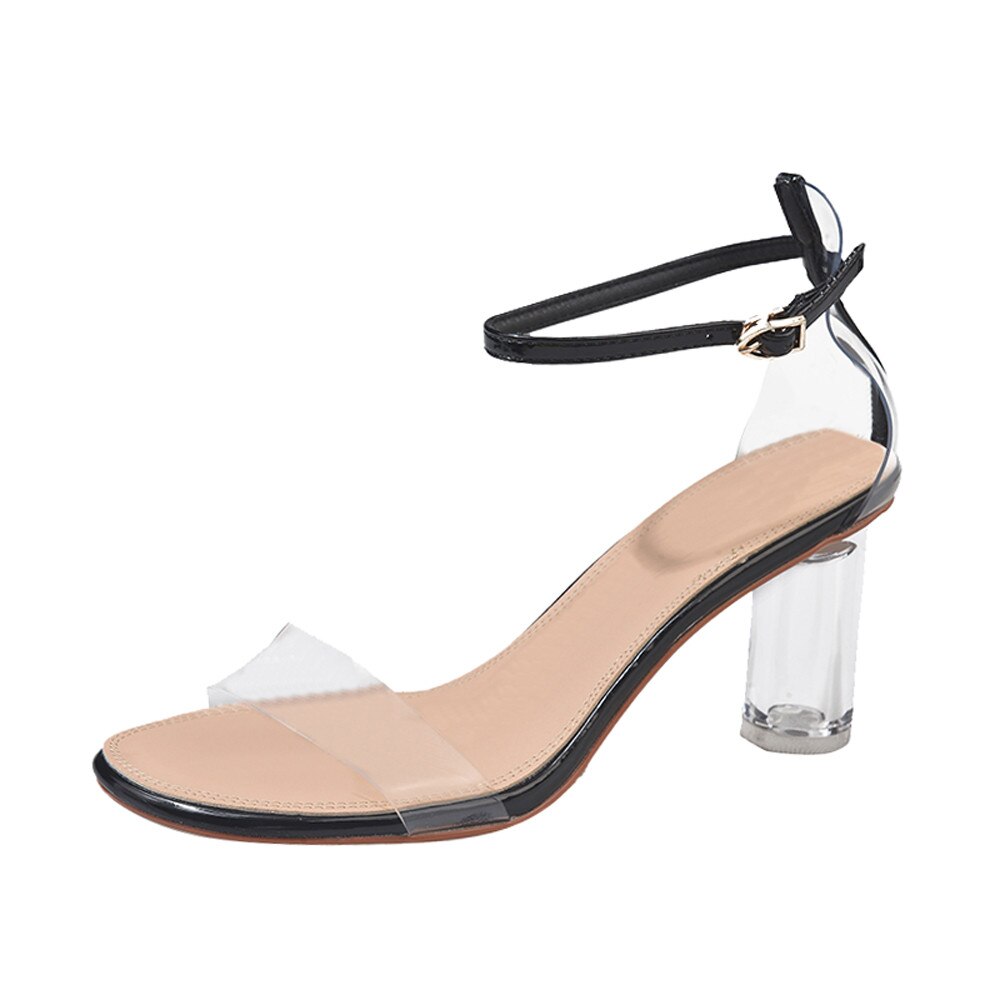 Sandalias de tacón transparente de PVC para mujer, zapatos de tacón transparente con taco de , zapatos de punta abierta para , sandalias de verano, tallas 35-40: Black / 39