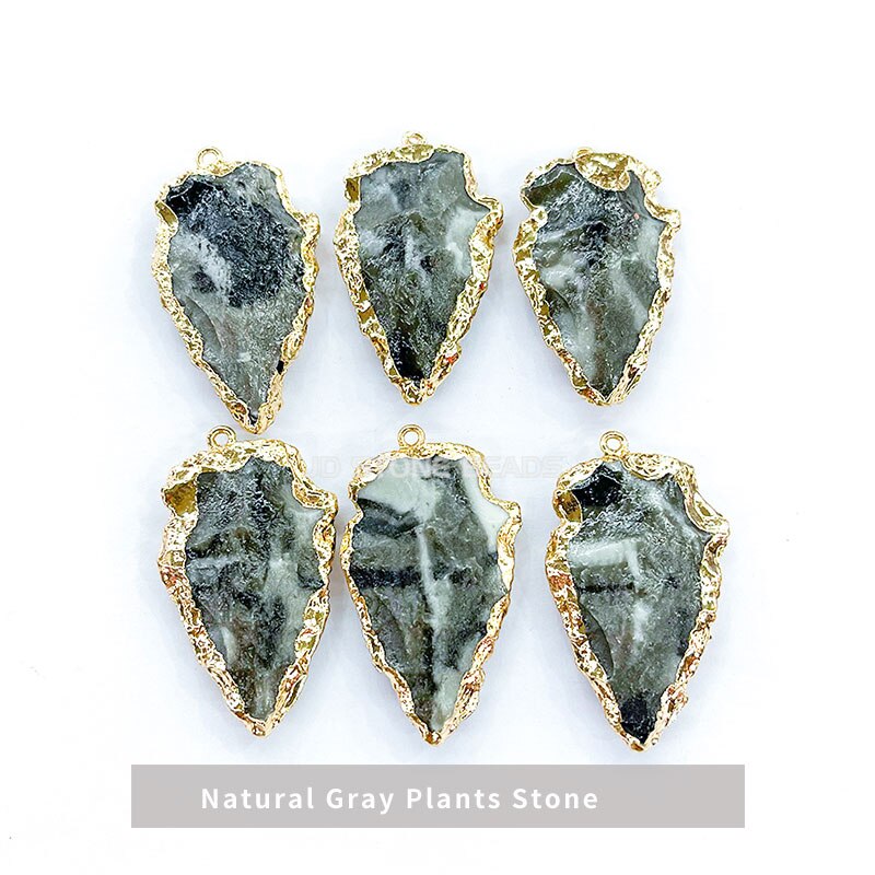 Natural Amethysts Opal Chalcedony Pendants Plating Golden Edge Arrow Shape Pendants for Jewelry Necklace Bracelets Accessories: Natural Gray Plants