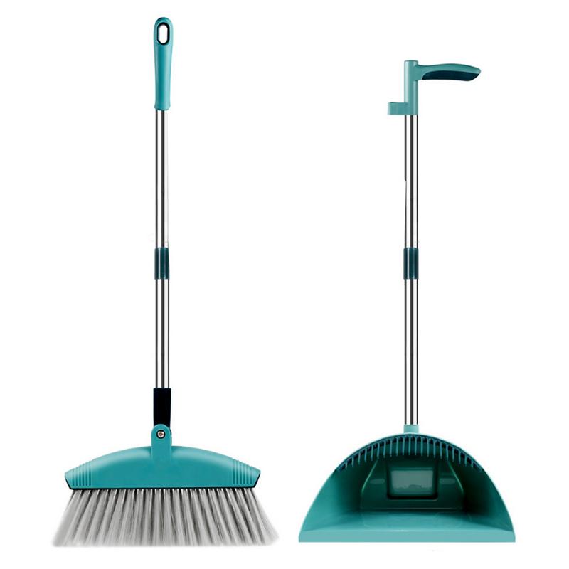 Bezem en stoffer set lichtgewicht rechtopstaande lobby bezem en stofpan combo met lange steel buiten binnen voor thuis keuken kamer kantoor (blauw