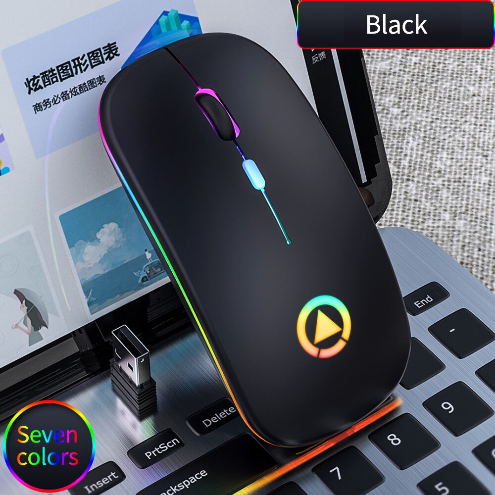 Ratón inalámbrico ultradelgado con luces LED de colores, ratón óptico ergonómico para juegos, recargable, silencioso, USB, para PC y portátil: Cool Black