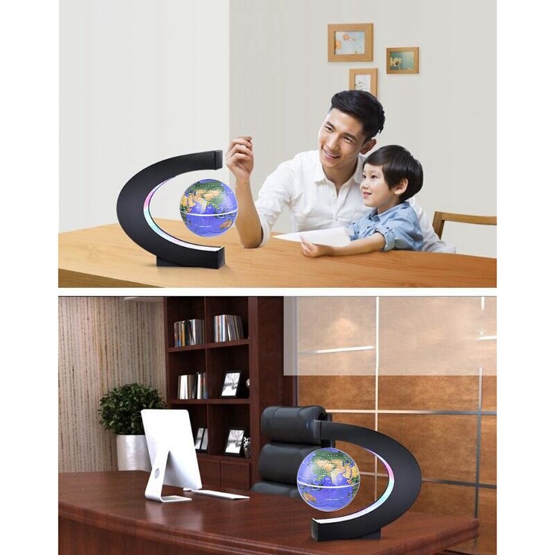 Globe magnétique flottant, carte du monde, en lévitation, cadre en C, LED, anglais, bleu, pour enfants, prise américaine