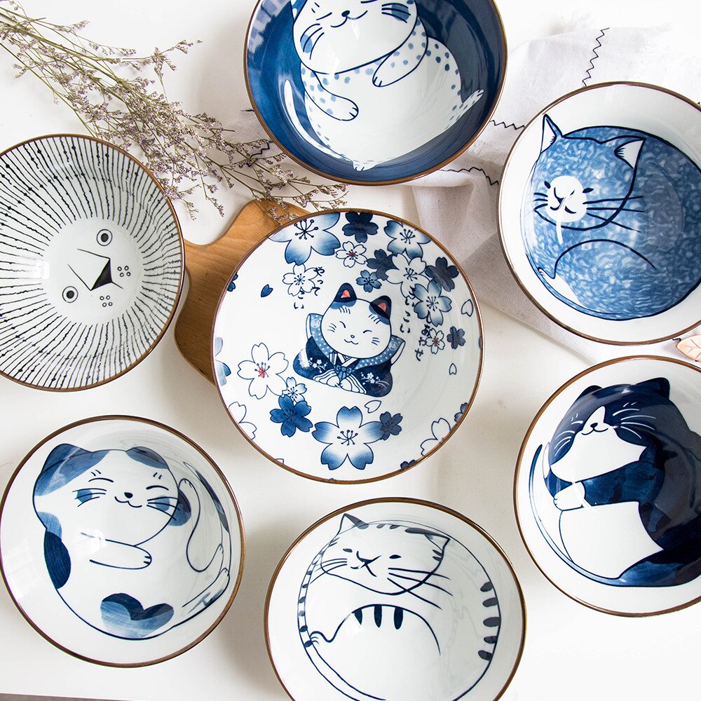 Ceramic Tableware Bowl Ramen Bowl Japanese-Style Underglaze Hand-Painted Tableware Cat
