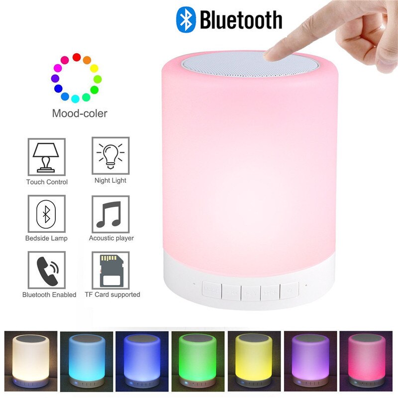 Nasin Nachtlampje met Bluetooth Speaker Draagbare Draadloze TF Card Bluetooth Speaker Touch Control Kleur LED Nachtkastje Lamp