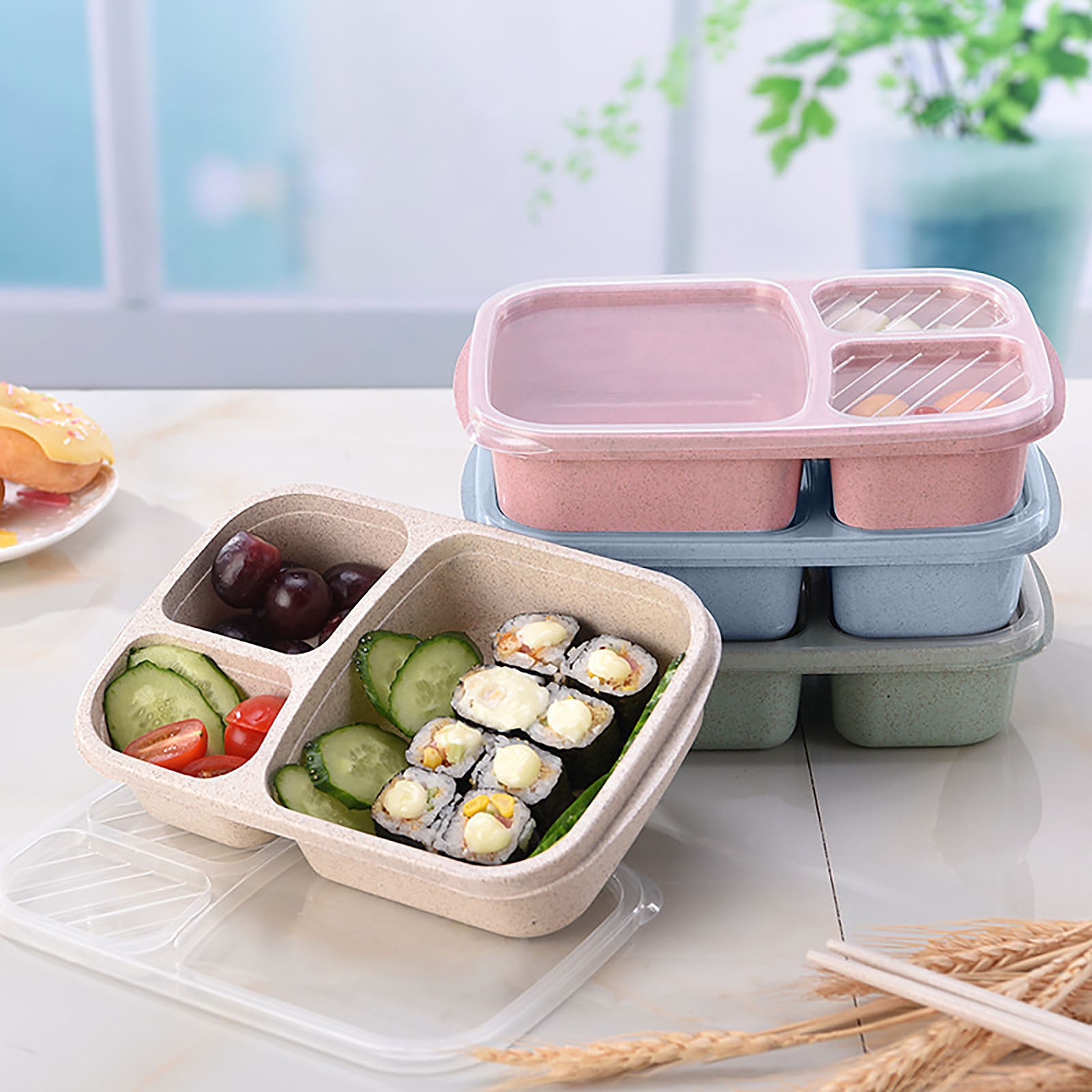 Bento scatola riutilizzabile Conservazione dei pasti Preparazione degli alimenti pranzo scatola Contenitori per alimenti divisi a 3 scomparti Lunchbox domestico
