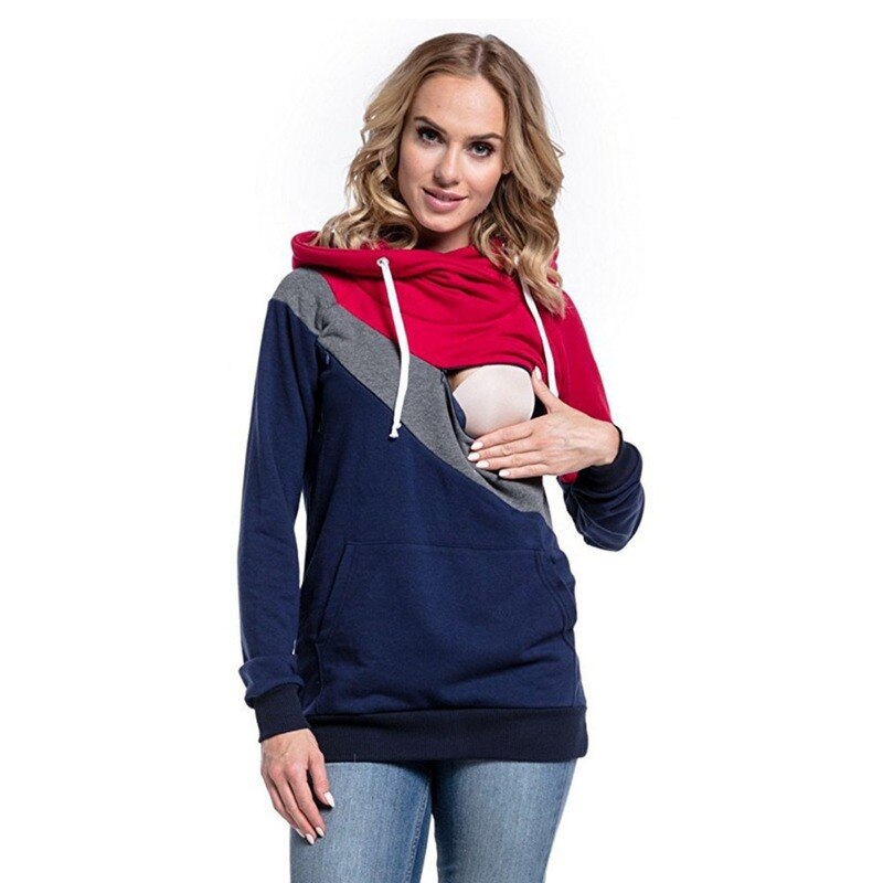 Plus Size S-2XL Womens Breastfeeding Maternity Nursing Hoodie Sweatshirt Long Sleeve Patchwork Zipper Pullover Top