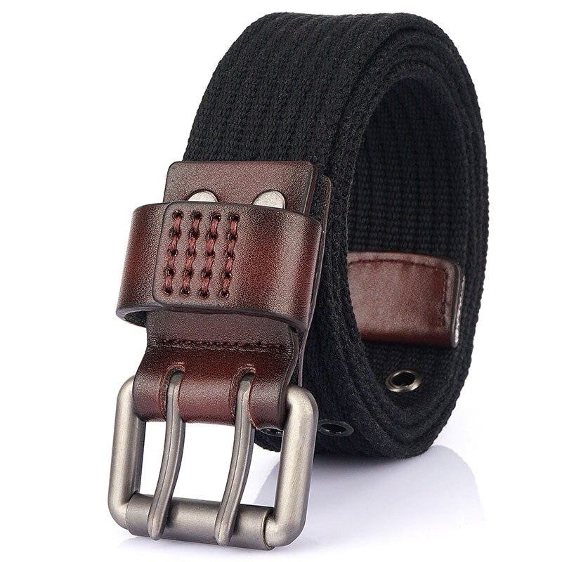 Medyla Canvas Riem Dubbele Pin Gesp Dubbele Gat Mode Toevallige Riem Voor Mannen En Vrouwen Student Riem MN2021A: Black