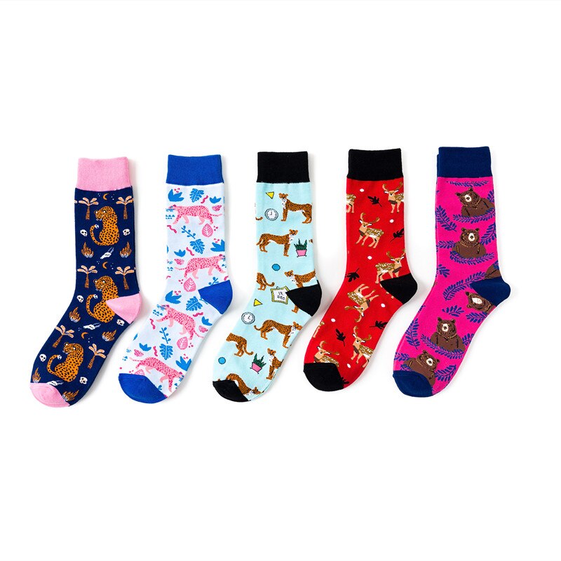 1 Pair Female Socks Cartoon Bear Deer Leopard Cute Funny Casual Women Cotton Sock Hosiery Streetwear Harajuku Crew Sock