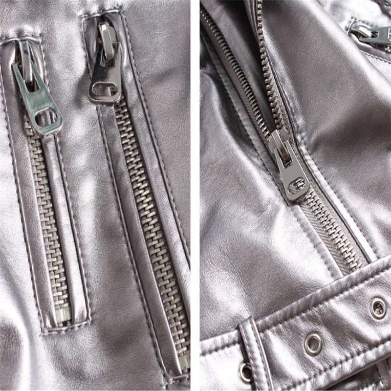 European Station Silver Female Pu Washing Machine Leather Jacket Coats Autumn Winter Belt Leather Jacket White Gold Color