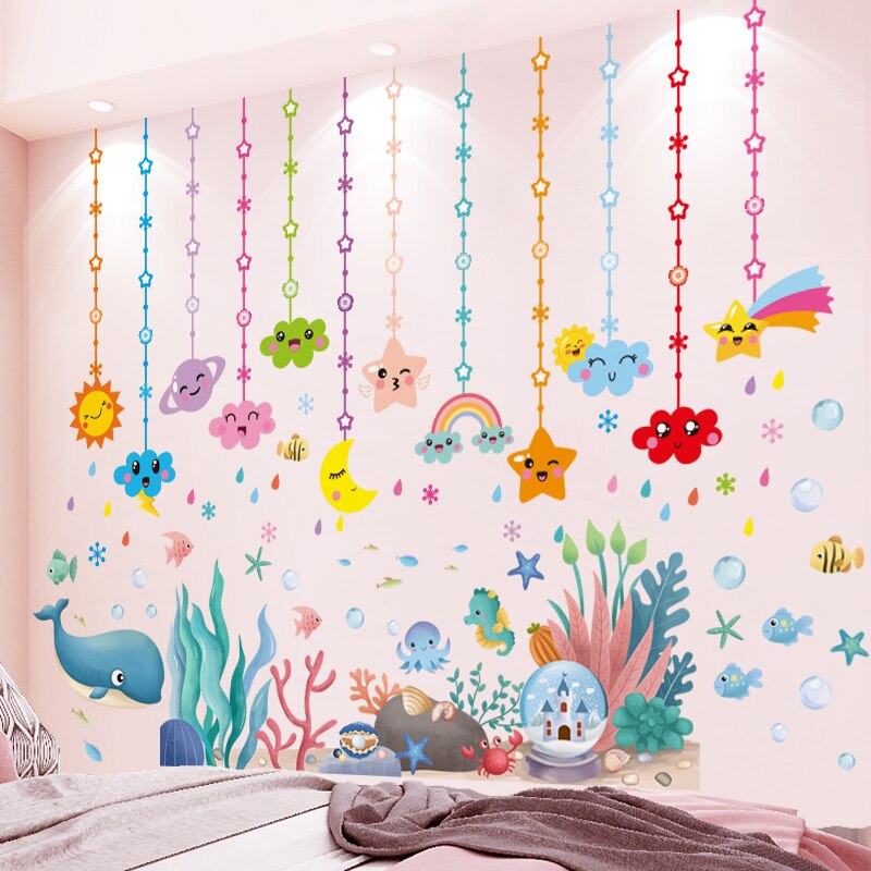 Submarine Coral Clusters Plants Wall Sticker DIY Whale Fish Wall Decals for Kids Room Baby Bedroom Bathroom House Decoration: Ornament and seagras