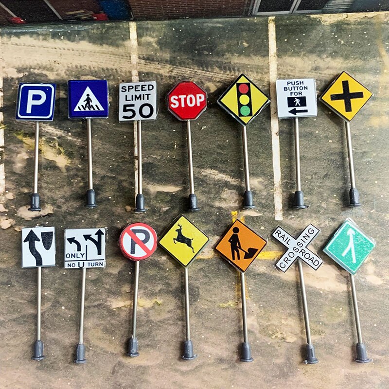 14PCS/Set 1/87 HO Scale Model Traffic Signs Building Sand Table Model Accessories Railroad Diorama Landscape Road Signs: Default Title
