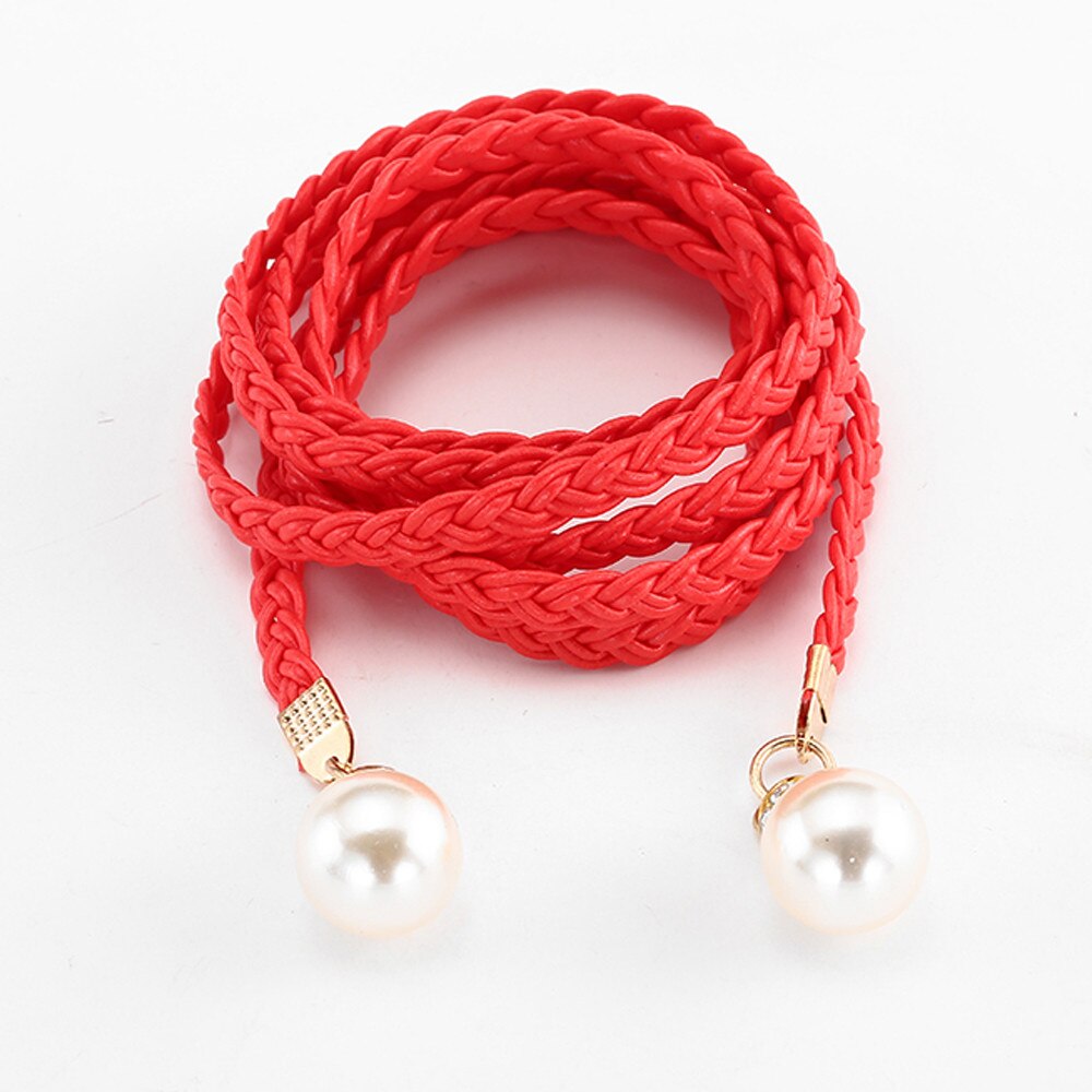 40-Women Handmade Braided Waistband for Dress Rose Flower Tassel Self-Tie Thin Ceinture Femme Waist Rope Chain: Red 