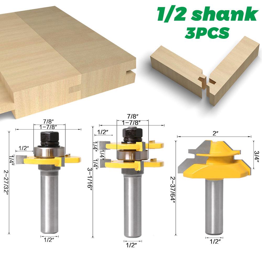 Tongue and Groove Router Bit Tool Set ½'' Shank With 45° Lock Miter Bit ½'' 12mm Shank - Solid Steel, Anti Kickback: 3pcs 12.7mm shank
