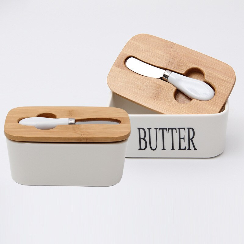 Pot de rangement en céramique Style nordique, boîte à beurre avec couvercle en bois, ensemble de couteaux, lettre plateau de stockage de fromage, boîte de récipient de plat à beurre