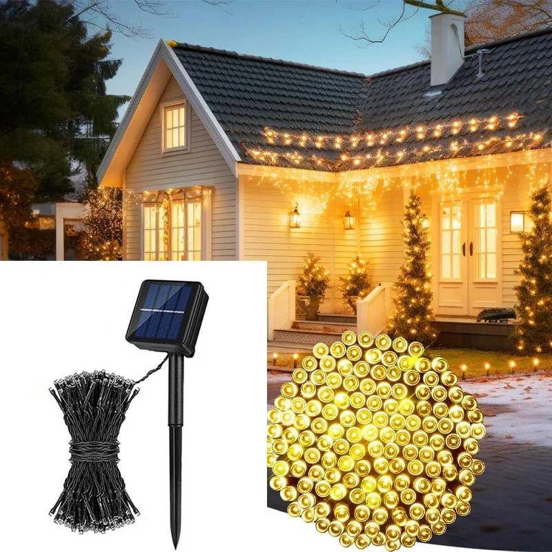 Guirnaldas de luces alimentadas por energía Solar para exteriores, guirnalda de calle impermeable para jardín, casas, decoraciones navideñas, cadena de tira de luces, 50/100/200: Azul / 31-40 W