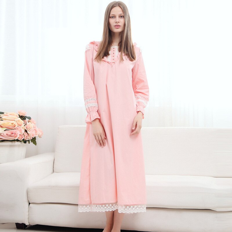 Dames roze vintage nachthemd met lange mouwen, nachtkleding voor dames, prinsessenhuis, katoenen nachthemden voor dames, lounge: S
