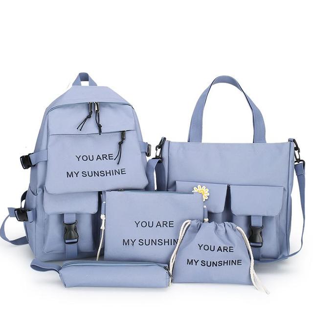 5 Delige Set Kawaii Schooltassen Voor Tienermeisjes Vrouwen Rugzak Canvas Travel Back Pack Student Notebook Bookbags Schooltassen: blue