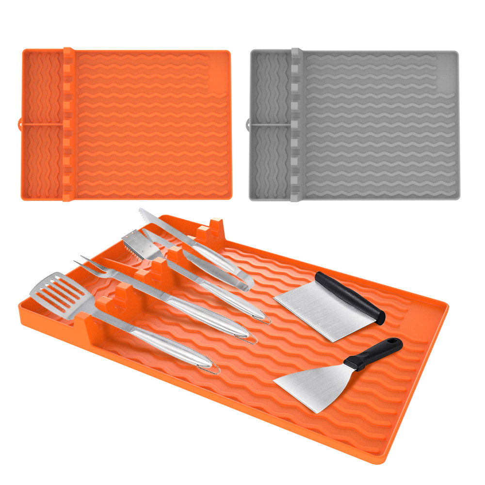 Estera para parrilla reutilizable, estante lateral de silicona de gran tamaño, herramientas para plancha, estera de espátula con almohadilla de goteo para parrilla al aire libre, encimera de cocina