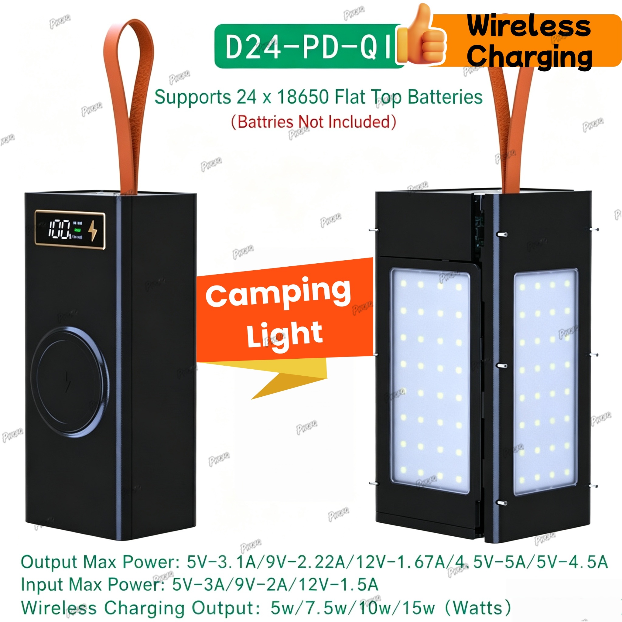 24*18650 Batterij Powerbank Behuizingen DIY Mobiele Powerbank Case met Draadloos Opladen en Campinglamp Afneembaar, Loodvrij: Geel