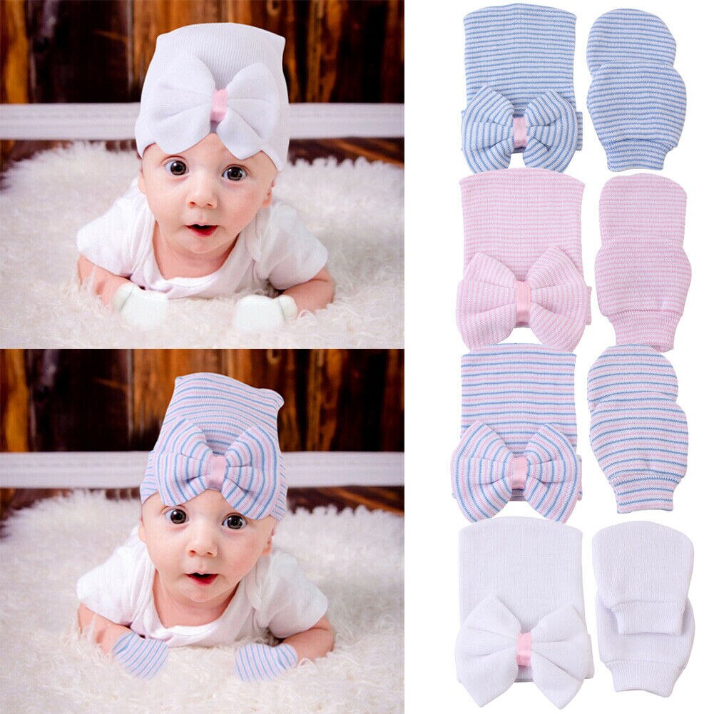 Baby tilbehør 2 stk / sæt spædbarn børn baby piger drenge hatte handsker anti ridse ansigt håndbeskyttelse beskyttelse bløde vanter hat