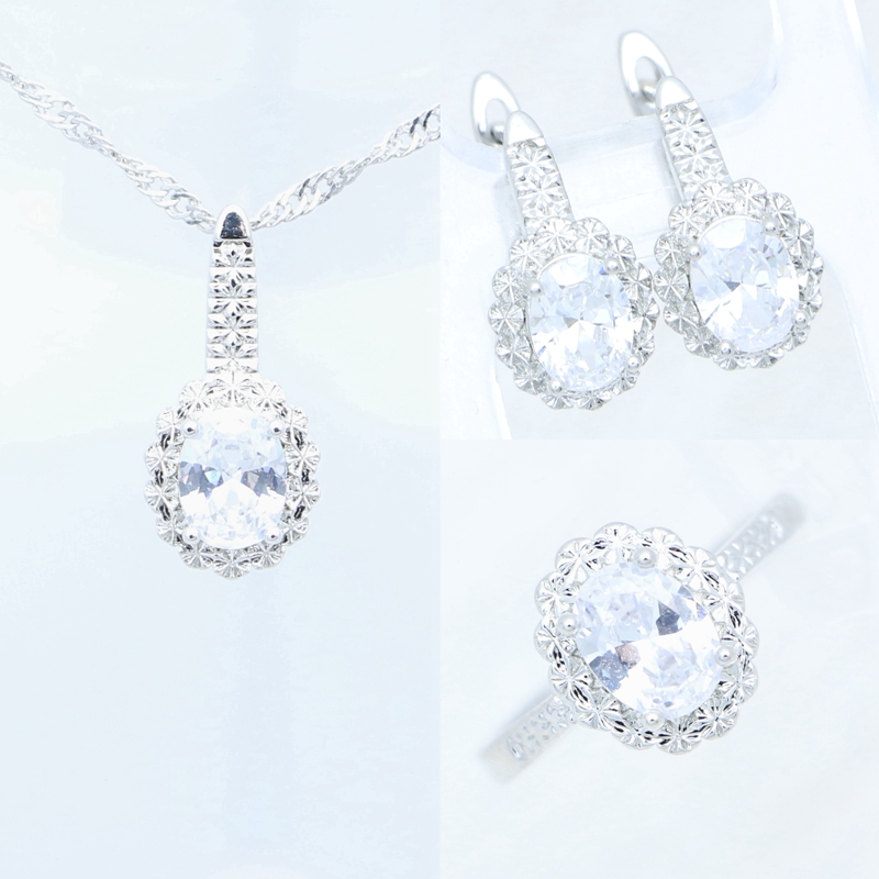 Anillo granate, pendientes, colgante, collar, joyería dulce, conjunto de joyas de plata de ley 925 para mujer, caja de gratis: Blanco