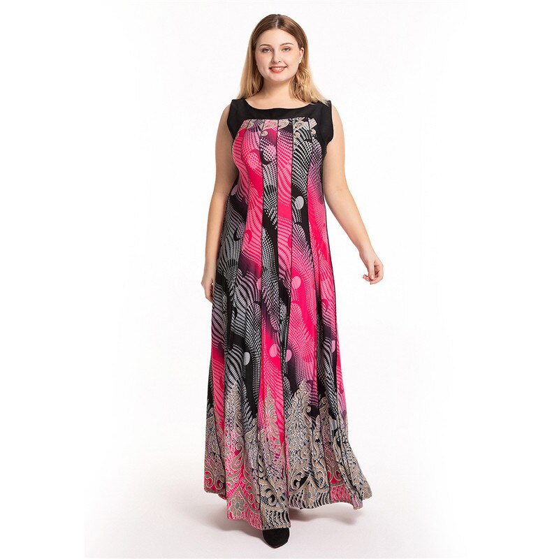 6XL Plus Size Boho Jurk Lange Vrouwen Zomer O Hals Mouwloos Dot Bloemenprint Bohemian Beach Jurk Rood Dames Tuniek zonnejurk: 4XL