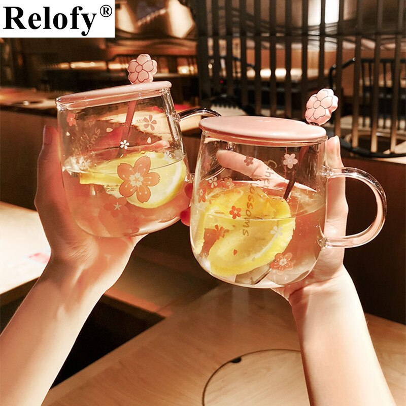 Taza de café de cristal con flor de cerezo, vaso con cuchara, amantes de la personalidad, para café, zumo, té, desayuno, utensilio para bebidas, 500ml