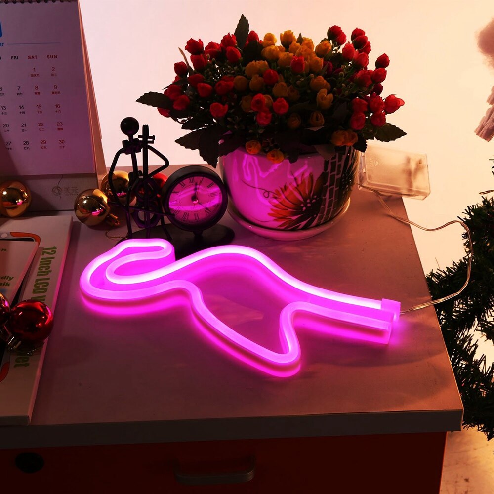 Lámpara de luz LED de neón con de flamenco para niños, lámpara de noche con batería, funciona con USB, para dormitorio, sala de estar, de boda,
