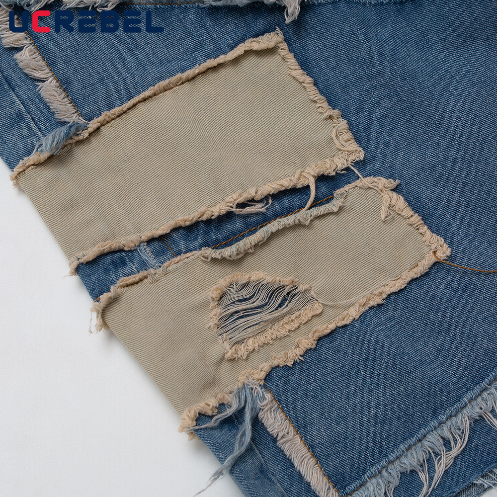 Pantalones cortos vaqueros rasgados de retazos para hombre, Shorts hasta la rodilla con cintura elástica, ropa de calle, pantalones sueltos con paneles de contraste