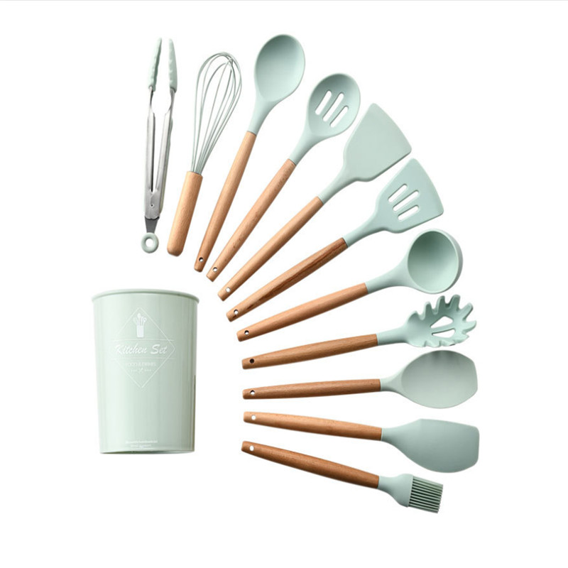 Ensemble d'ustensiles de cuisine en Silicone, antiadhésif, spatule avec manche en bois, avec boîte de rangement, 9/11 pièces: Light green-11pcs-B