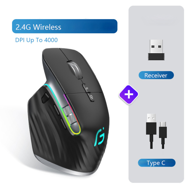 2.4G draadloze muis Bluetooth RGB oplaadbaar ergonomisch computermuizen voor computergamingkantoor: Black