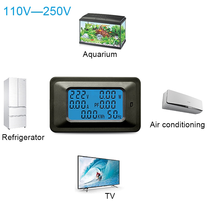 AC 5KW 110-250V Digital Ammeter Meters Indicator Voltmeter Tester Detector Indicator Energy Meter Power Factor Frequency Monitor