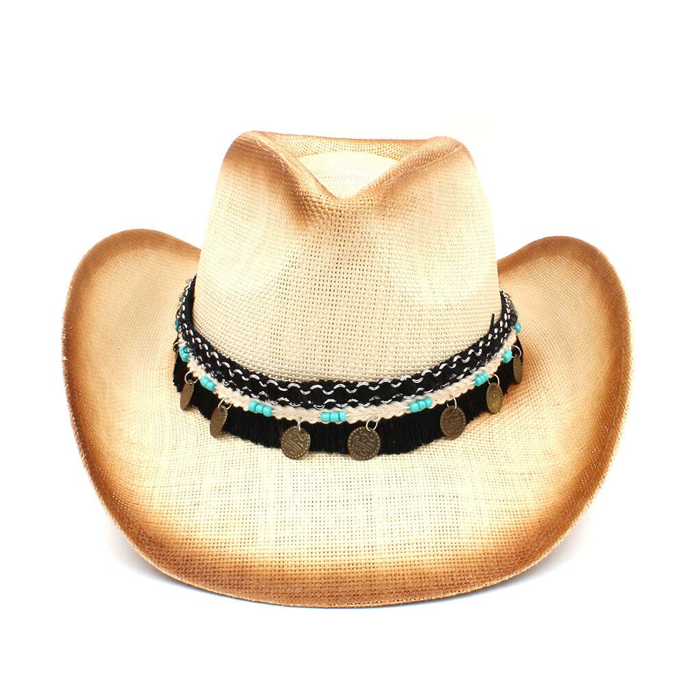 Kvinder halm cowboy hat med punk læderbånd til dame far western sombrero hombre cowgirl jazz caps størrelse 58cm: C3 bco