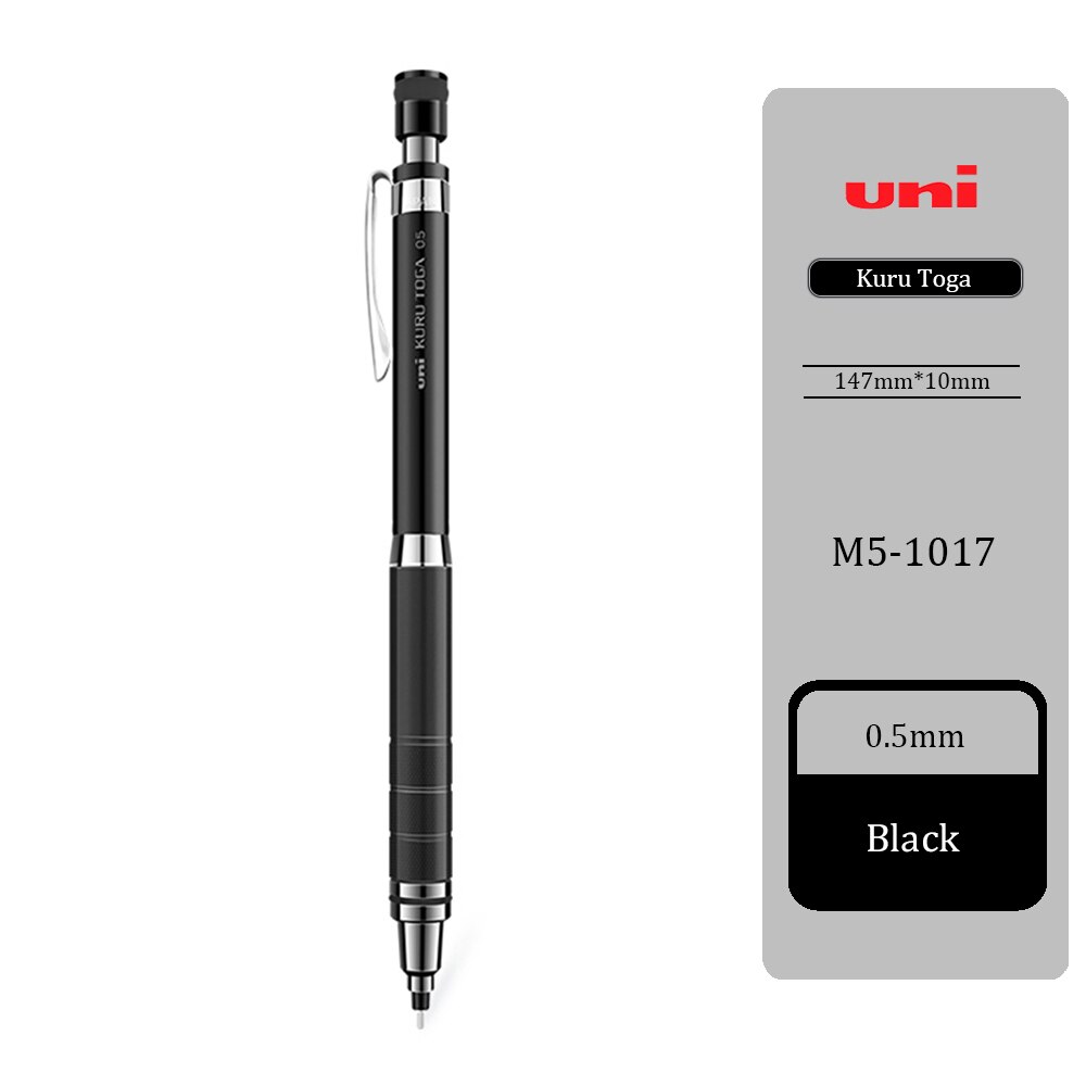 UNI Mechanical Pencil 0.5mm Metal Handshake Kuru Toga Automatic Rotation M5-1017 Sketch Hand Drawing 2B/HB: black