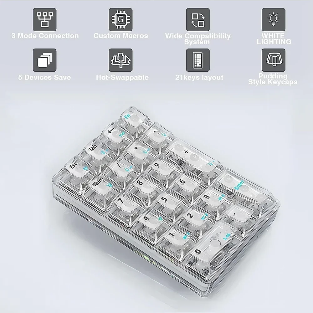 AULA F21 Wireless Numeric Keypad White Backlight Transparent Mini Numeric Keyboard 21 Keys Bluetooth Mechanical Gamer NumberPad